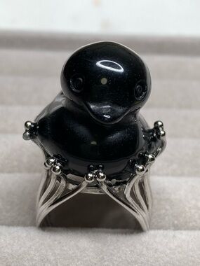Black Glass Bird Cocktail Ring with Silver Tone Setting